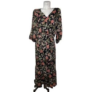 LC Lauren Conrad Sz 1X Black Gold Floral Chiffon Sheer Sleeve Tiered Midi Dress